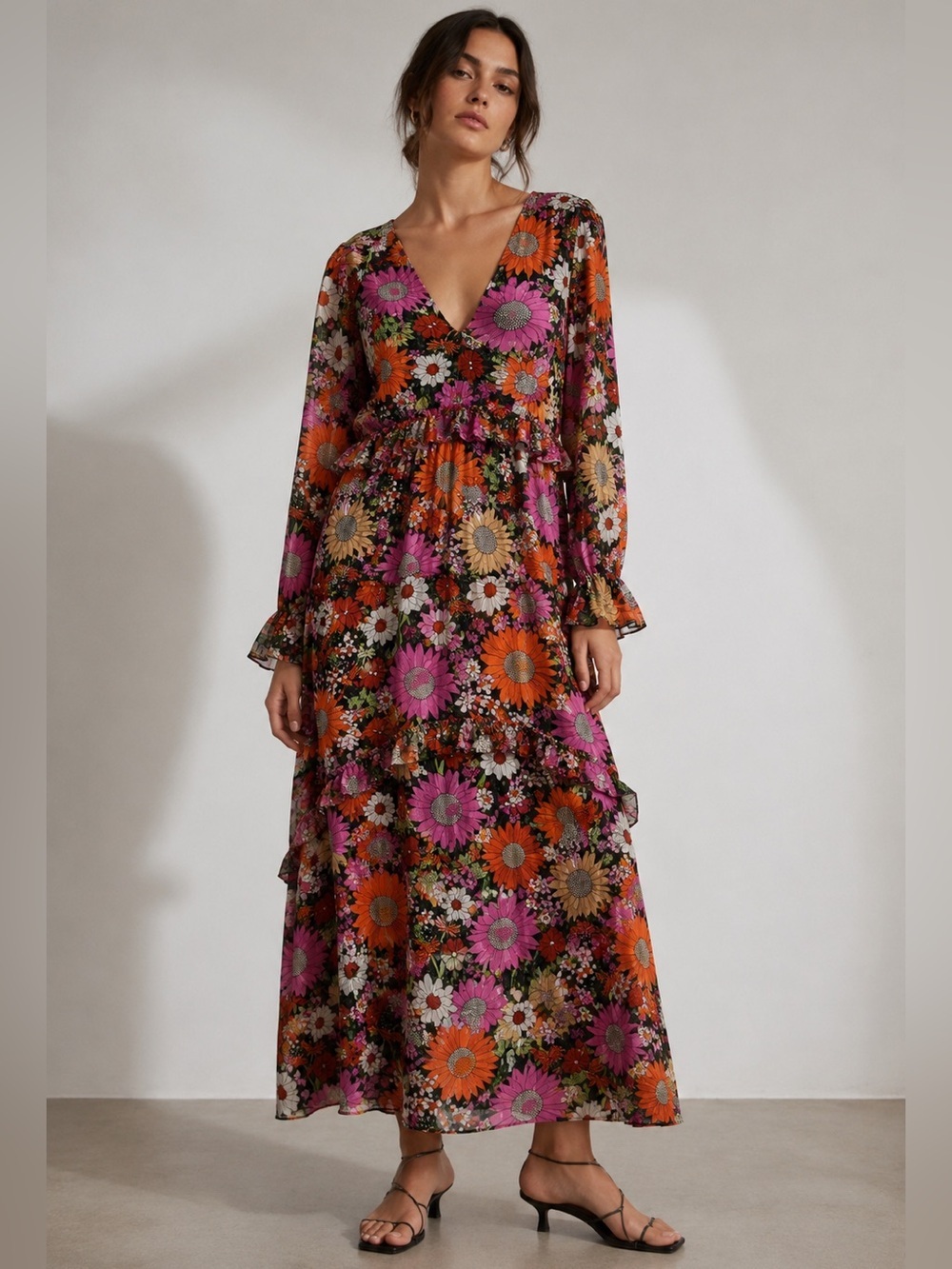 Simply Be Floral Ruffle Midi Dress Women’s US 16 UK 20 Boho Retro
